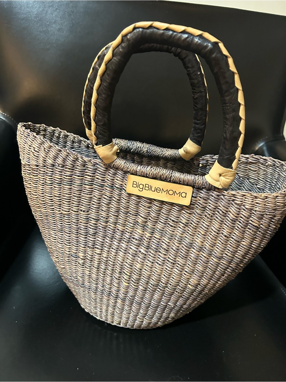 Two-Tone Woven Tote Bag in Natural and grey ish blue